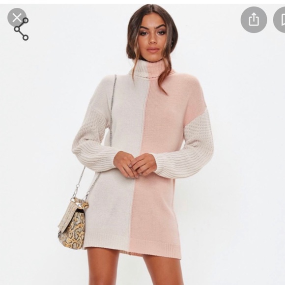Missguided Sweaters - Pink and White Colorblock Turtleneck Sweater Dress